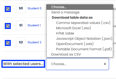 Moodle - Participants - With Selected Users Dropdown